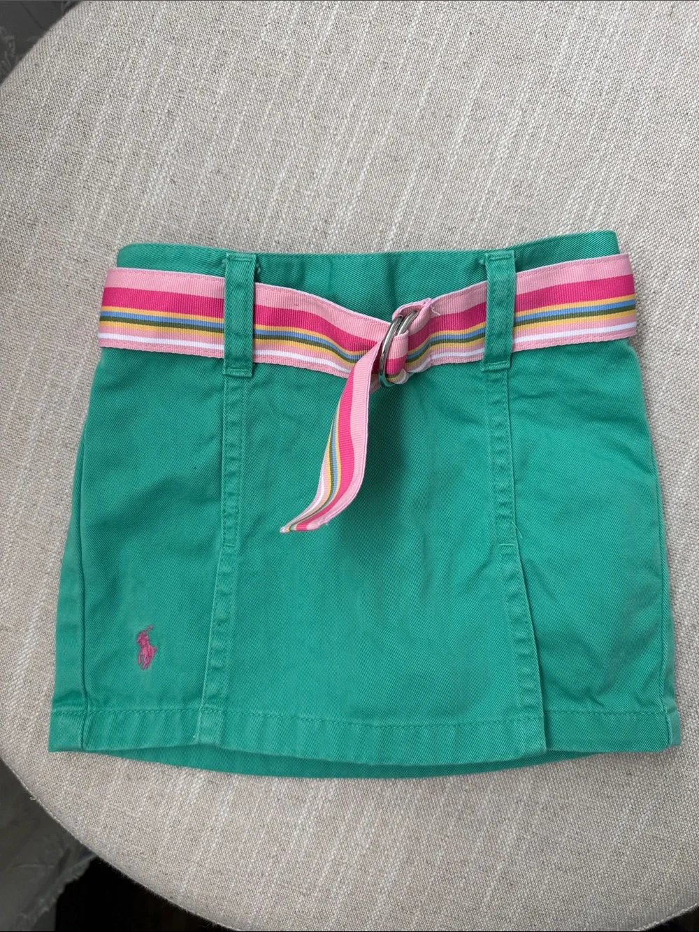 Ralph Lauren Green Toddler Knit Skort with Pink Striped Belt - 12 months